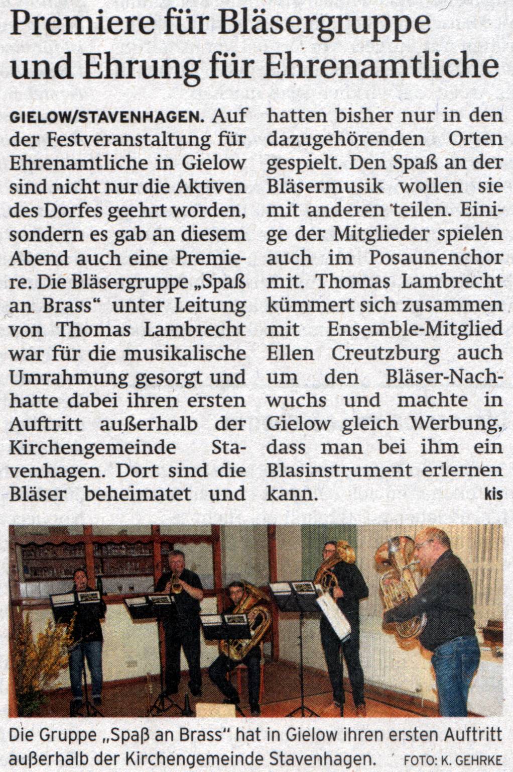 Nordkurier vom 21.02.2020: Premiere für Bläsergruppe und Ehrung für Ehrenamtliche